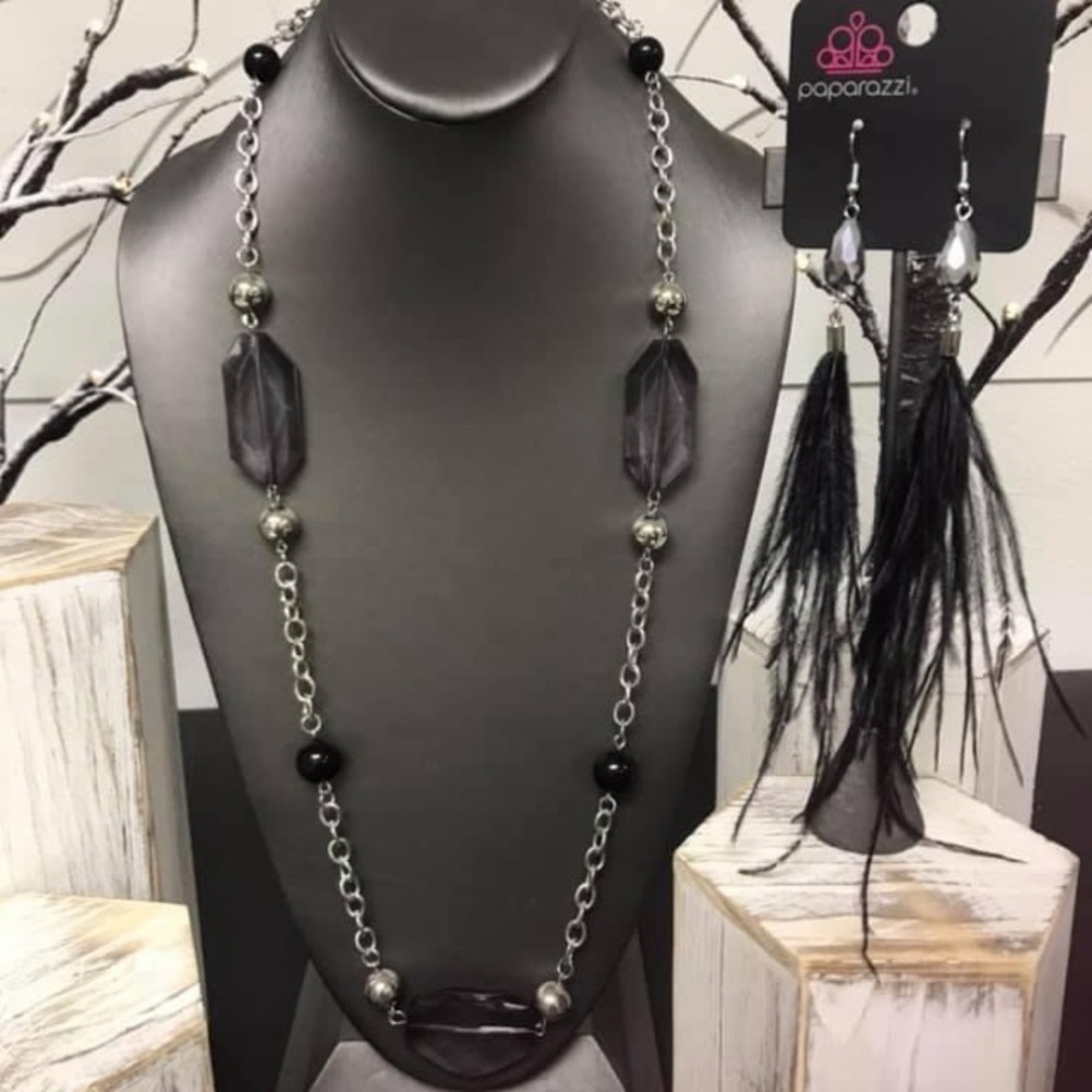 Paparazzi Feather Black Earring & Necklace Set